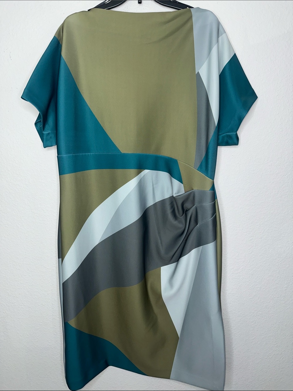 Donna Karan Olive, Teal and Gray Abstract Colorblock Midi Dress